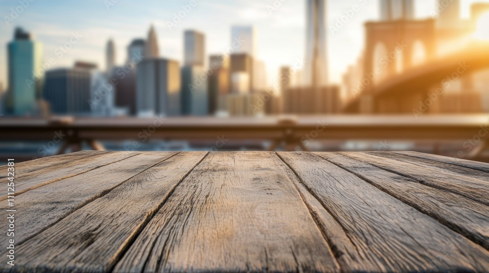 Obraz premium table to place objects with the Manhattan Bridge in the background