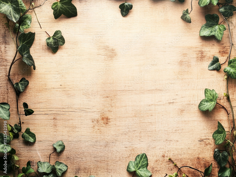 Naklejka premium Wooden background with ivy decoration, with copy space for text or product presentation design template.