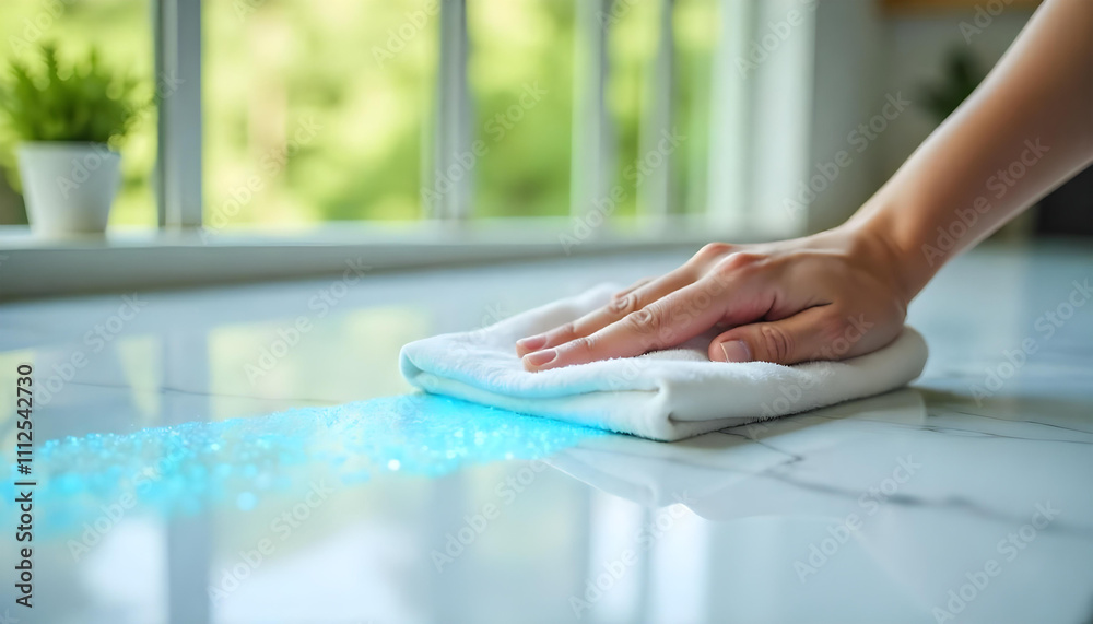 Fototapeta premium hand using a cleaning wipe marble surface
