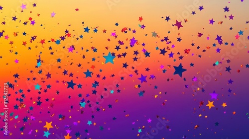 Scattered colorful star confetti on a gradient sunset background, moving from warm orange to deep purple, capturing a joyful twilight celebration photo