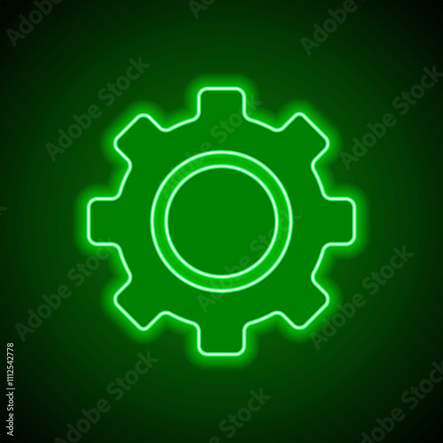 Gear simple icon vector. Flat design. Green neon on black background with green light