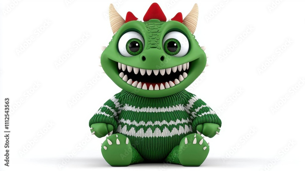 Cute cartoon illustration of a cheerful dragon wearing a Christmas sweater with big joyful eyes, isolated white background. Cute cartoon illustration of a cheerful dragon wearing a Christmas sweater with big joyful eyes, isolated white background.
