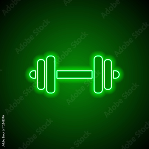 Dumbbell simple icon vector. Flat design. Green neon on black background with green light