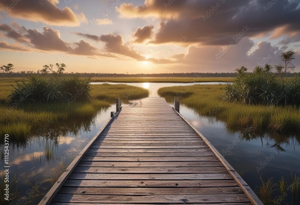 Obraz premium Spectacular view from a wooden boardwalk over the expansive wetlands of the Everglades, animals, reptiles, destination, alligators, snakes
