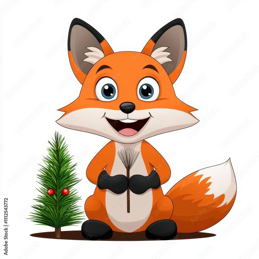 Cute cartoon illustration of a cheerful fox sitting near a tiny Christmas tree with big joyful eyes, isolated white background. Cute cartoon illustration of a cheerful fox sitting near a tiny Christmas tree with big joyful eyes, isolated white background.