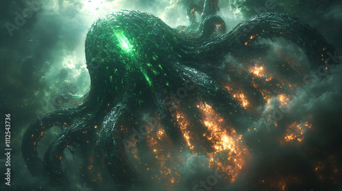 cosmic leviathan with fiery tendrils consumes the starlit space in a fiery embrace