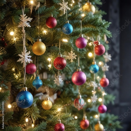 Colorful ornaments and garlands decorating a Christmas tree with glittery snowflakes and icicles hanging from the branches, festive decor, garlands, icicles