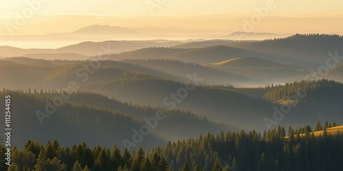 The morning light brings a sense of serenity to the rolling hills and forests of the Ural Mountains, calm, morning
