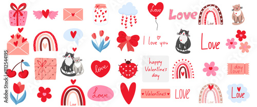 Cute set of stickers for Valentines day. Vector illustration different love and romantic elements, love, heart, flower. Collection for planner, greeting card, love letter or diary