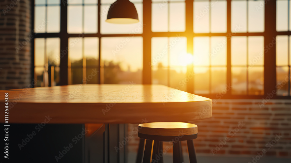 Fototapeta premium warm sunset illuminates modern kitchen with wooden table and stool, creating cozy atmosphere. large windows enhance inviting ambiance