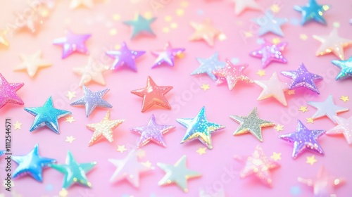 A whimsical backdrop of multicolored star confetti on a pink pastel gradient, each star slightly glowing to create a cheerful, party-like atmosphere photo