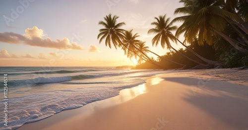 The warm golden light of sunrise casts a magical glow on a serene white sand beach with gentle waves and swaying palms , sandy shores, morning