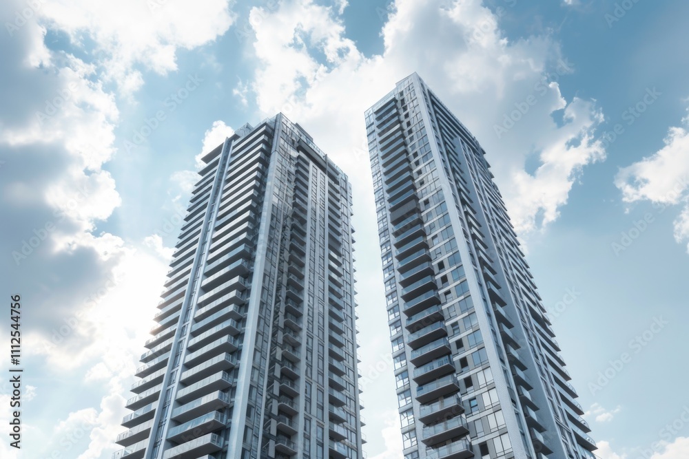 Two high-rise buildings standing side by side in an urban setting Two high-rise buildings standing side by side in an urban setting