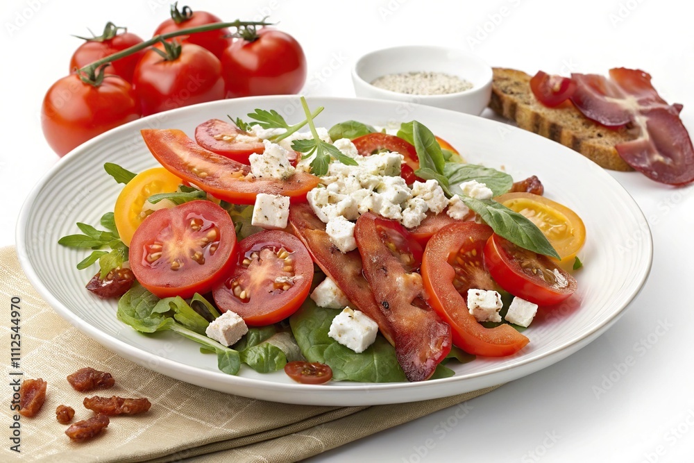 Colorful salad plate with sliced tomatoes crumbled cheese and strips of cooked bacon, , dairy, greens Colorful salad plate with sliced tomatoes crumbled cheese and strips of cooked bacon, , dairy, greens