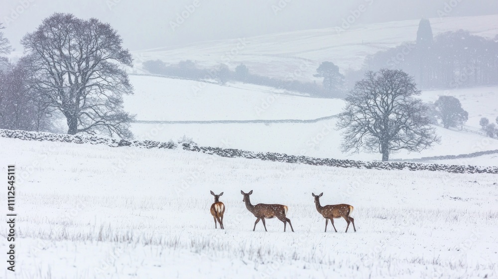 A family of deer walking through a snow-covered meadow, with snow gently falling and a backdrop of snow-dusted trees and hills A family of deer walking through a snow-covered meadow, with snow gently falling and a backdrop of snow-dusted trees and hills