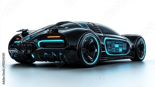 Futuristic black sports car with glowing blue accents, showcasing sleek design and advanced technology.