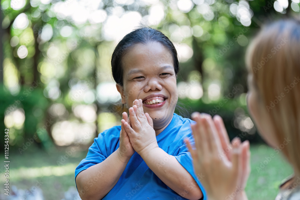 Joyful Interaction with a Diverse Dwarf Individual in a Natural Setting, Celebrating Inclusion and Happiness in Everyday Life Joyful Interaction with a Diverse Dwarf Individual in a Natural Setting, Celebrating Inclusion and Happiness in Everyday Life