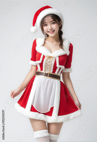 Portrait of a beautiful young woman in a Santa Claus outfit. White background. Christmas image. Card design.サンタクロースの服を着たかわいい若い女性のポートレート。白背景。クリスマスのイメージ。カードデザイン。