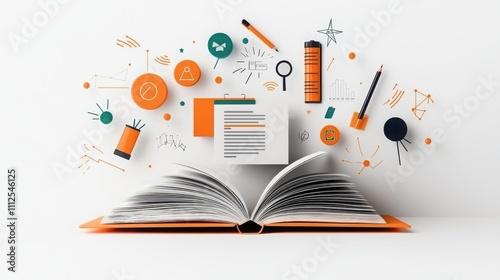 Illustration of an open textbook with educational icons modern learning environment graphic design concept knowledge sharing digital era creative visuals