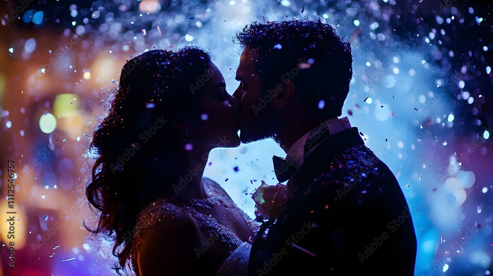 A romantic couple shares a kiss amidst falling snowflakes, illuminated by vibrant lights, capturing a moment of love and magic during a winter celebration. A romantic couple shares a kiss amidst falling snowflakes, illuminated by vibrant lights, capturing a moment of love and magic during a winter celebration.