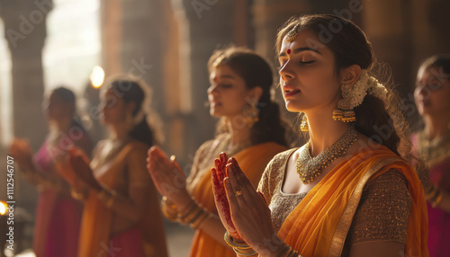 Women in traditional attire singing bhajans and performing rituals in serene setting, showcasing devotion and cultural heritage
