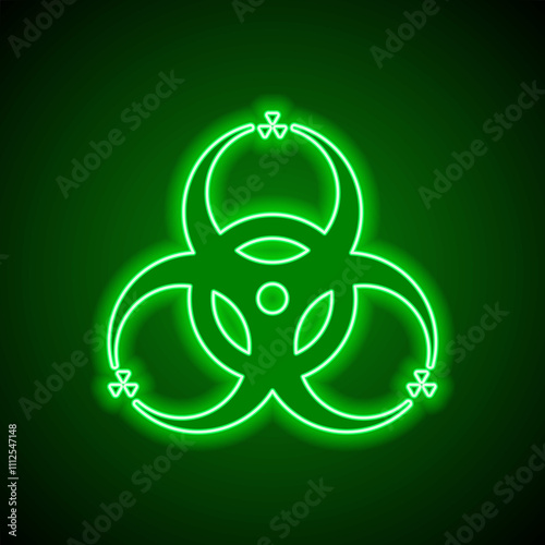 Biohazard simple icon vector. Flat design. Green neon on black background with green light