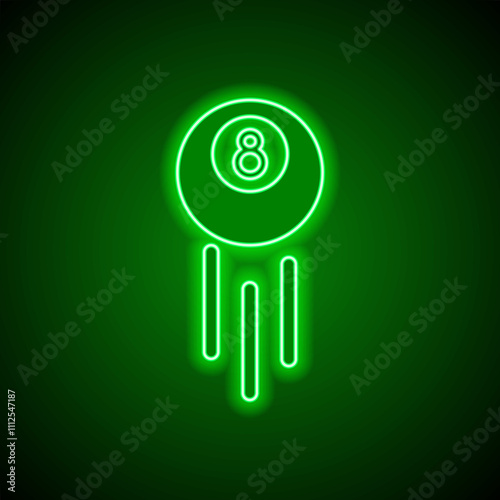 Billiard 8-ball simple icon. Flat design. Green neon on black background with green light