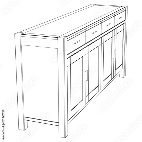 Sideboard Living Room Furniture isolated continuous line art flat vector illustration