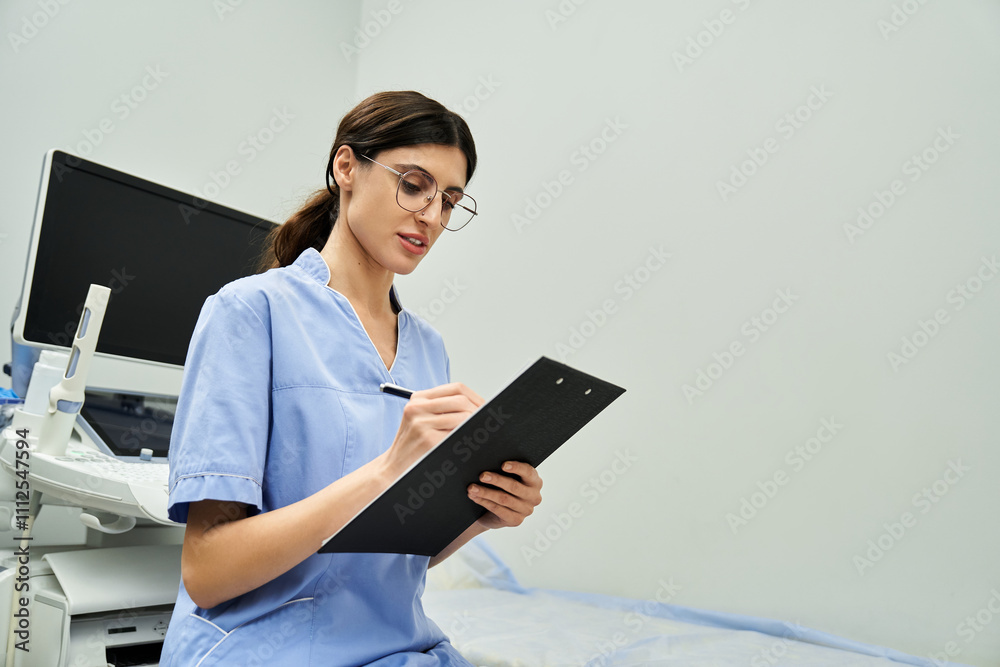 A gynecologist in a lab coat records patient info while providing care at a clinic.
