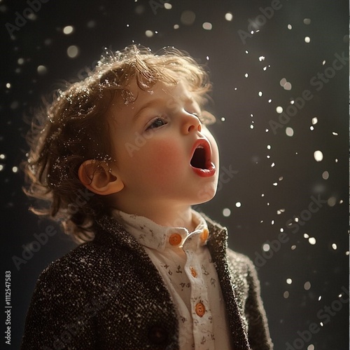 A stunning high-resolution photo inspired by the holiday, where a bright and funny kid artistically recites his first learned poems.
