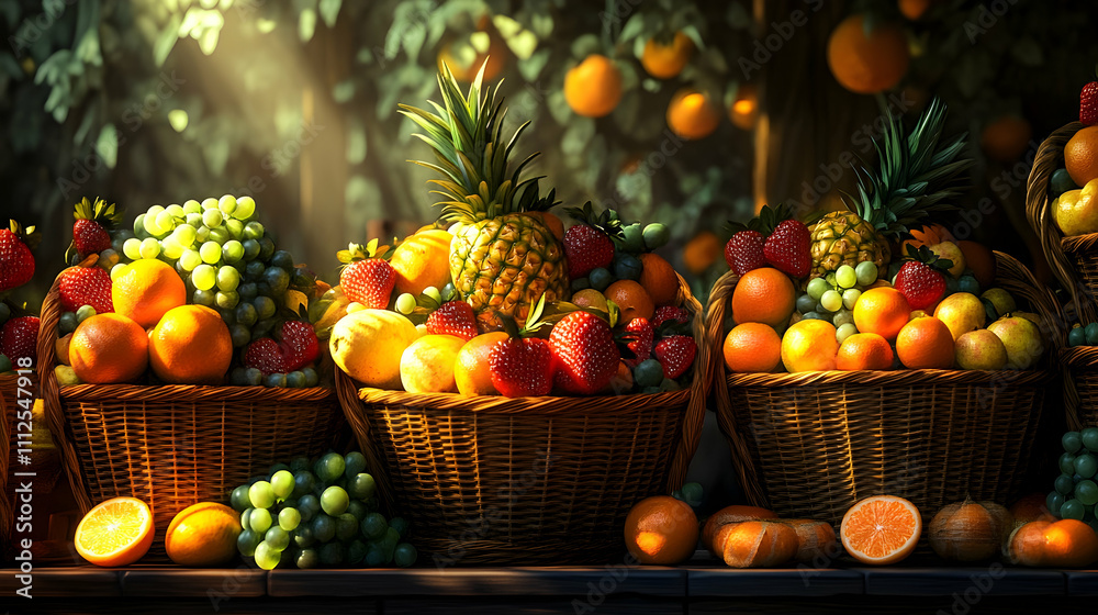 Wicker baskets overflowing with vibrant fresh fruits on a wooden surface. Wicker baskets overflowing with vibrant fresh fruits on a wooden surface.