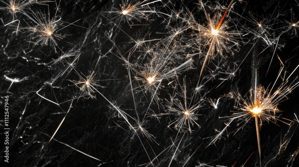 Fototapeta premium A firework sparkler scene, showcasing multiple bright sparklers with long sparkling trails crisscrossing, filling the black background with a magical glow.
