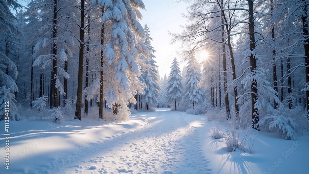 Fototapeta premium winter forest in the winter, snowy forest with snow-covered trees, sunlight shining through the branches, a thin layer of frost on the ground