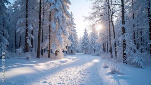 winter forest in the winter, snowy forest with snow-covered trees, sunlight shining through the branches, a thin layer of frost on the ground