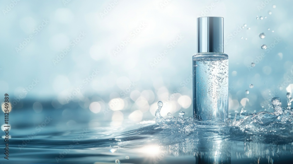 Sparkling Water Bottle with Splash on Blurred Blue Background Sparkling Water Bottle with Splash on Blurred Blue Background