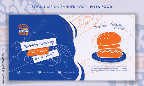 Burger banner template with line art and flat burger design in white and blue background