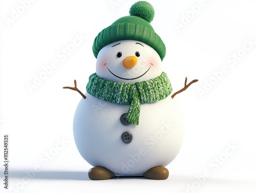 A cheerful snowman dressed in a green hat and scarf, perfect for winter and holiday themes. Brings joy to festive celebrations.