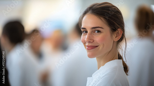 smiling woman in lab coat, showcasing confidence and professionalism