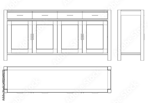 Sideboard Living Room Furniture isolated continuous line art flat vector illustration
