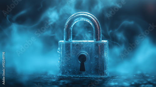 Glass padlock on blue fog background.
