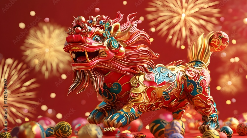 A vibrant and intricately designed lion figurine symbolizing strength and protection, set against a festive backdrop of fireworks, representing celebration and cultural heritage. A vibrant and intricately designed lion figurine symbolizing strength and protection, set against a festive backdrop of fireworks, representing celebration and cultural heritage.