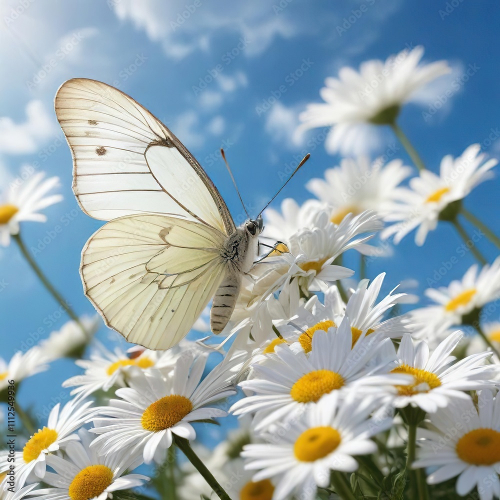 White butterfly resting on a cluster of white daisies with blue sky in the background, seasonal, relaxing, countryside, natural, beautiful White butterfly resting on a cluster of white daisies with blue sky in the background, seasonal, relaxing, countryside, natural, beautiful