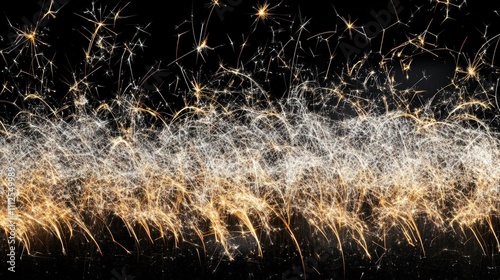 An array of sparklers igniting simultaneously, creating a shimmering wall of light with dynamic golden and white trails, set against a deep black backdrop.