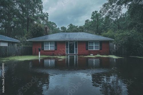 Submerged House in a Flooded Neighborhood During a Storm