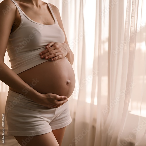 Pretty young pregnant woman standing by the window in home