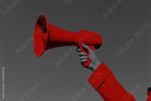 Dramatic Monochrome Image of Activist Using Megaphone in Red Coat