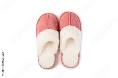 Soft slippers isolated on white background. Home slippers. Comfortable shoes for home. Foot care concept. Home comfort. Space for text. Copy space.