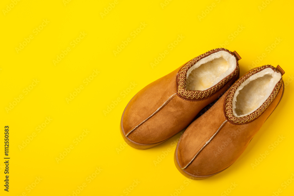 Fototapeta premium Soft slippers on a bright colored background, close-up. House slippers. Comfortable shoes for home. Foot care concept. Home comfort. Space for text. Copy space.
