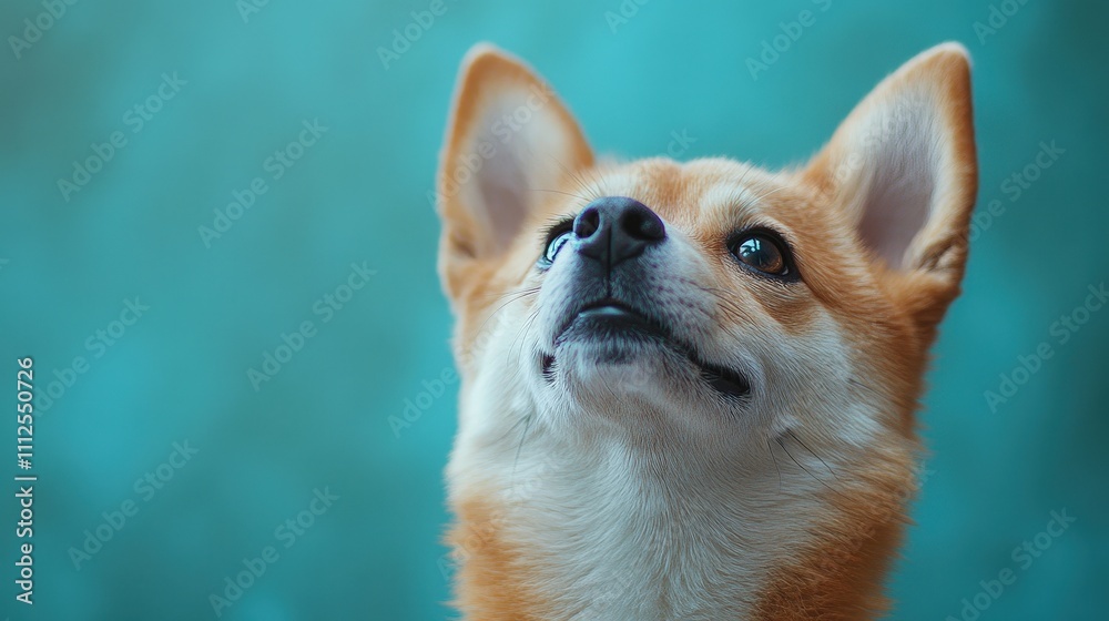Realistic photograph of a happy Shiba Inu dog looking up, with a pastel blue background Realistic photograph of a happy Shiba Inu dog looking up, with a pastel blue background