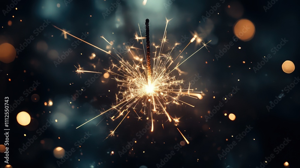 Obraz premium A single sparkler in focus with a mesmerizing explosion of sparkling lights, sharp trails and bursts surrounding the core on a dark background.